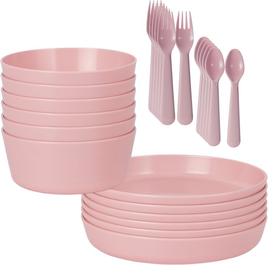 HEM 24-delig Serviesset 6 Persoons – Roze Kunststof – Picknickset – BPA-vrij & Vaatwasserbestendig – 6x Bord, 6x Kom, 6x Vork, 6x Lepel – Lichtgewicht Plastic Servies – Met HEM Opbergzak van Merkloos