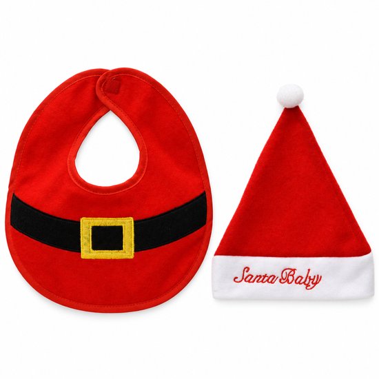 HEM Baby Kerstset Kerstman - Slabbetje en Kerstmuts - Rood en Wit - 2-delig