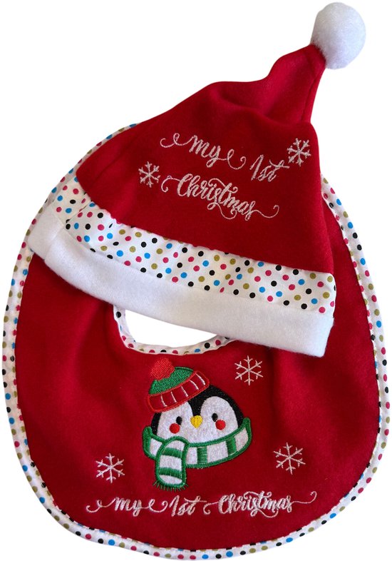 HEM - Baby Set - Slabbetje + Kerstmuts - “My 1st Christmas” - Pinguïn met Sjaal - Rood/Wit van HEM