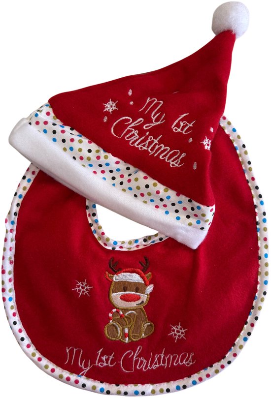 HEM - Baby Set - Slabbetje + Kerstmuts - “My 1st Christmas” - Rendier met Candy Cane - Rood/Wit van HEM