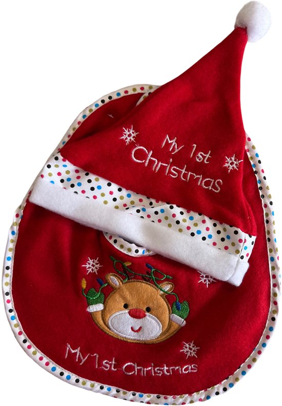 HEM - Baby Set - Slabbetje + Kerstmuts - “My 1st Christmas” - Rendiergezicht - Rood/Wit van HEM