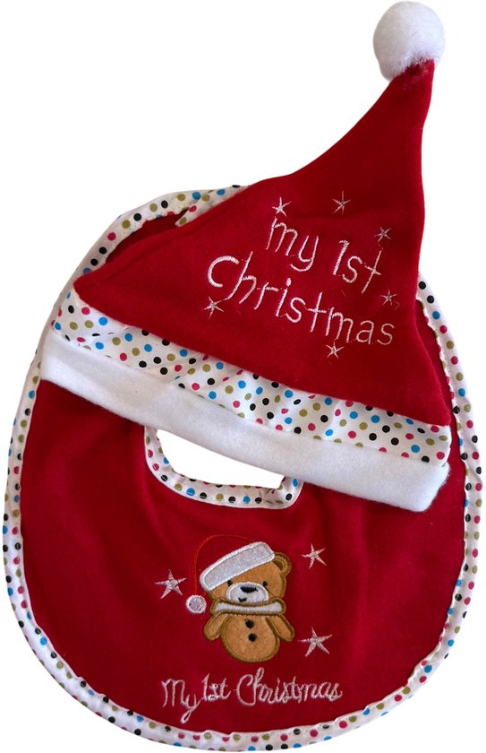 HEM - Baby Set - Slabbetje + Kerstmuts - “My 1st Christmas” - Teddybeer - Rood/Wit van HEM