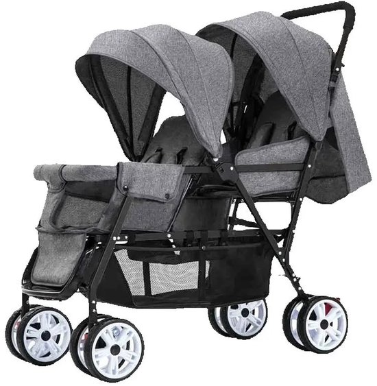 Hennova Kinderwagen - Buggy - Duo kinderwagen - Voor 2 kinderen - Inklapbaar - Verstelbaar - Wasbaar - Incl. regenhoes - Grijs/zwart - 88 x 53 x 103 cm van Hennova