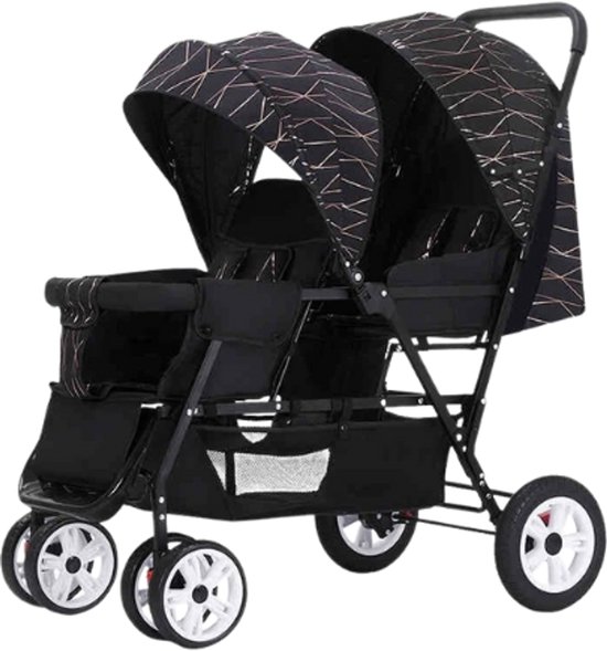 Hennova Kinderwagen - Buggy - Duo kinderwagen - Voor 2 kinderen - Inklapbaar - Verstelbaar - Wasbaar - Incl. regenhoes - Zwart met print - 88 x 53 x 103 cm van Hennova