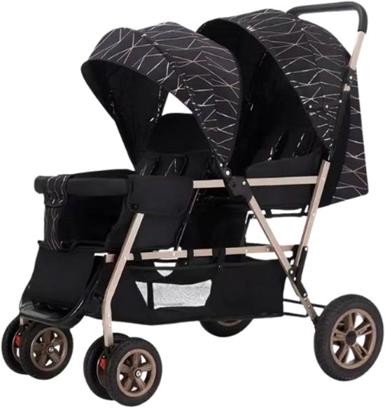 Hennova Kinderwagen - Buggy - Duo kinderwagen - Voor 2 kinderen - Inklapbaar - Verstelbaar - Wasbaar - Incl. regenhoes - Zwart/goud met print - 88 x 53 x 103 cm van Hennova