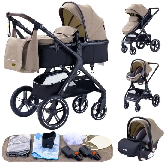 Hennova Kinderwagen - Buggy - Kinderwagen 3 in 1 - Multifunctioneel - Inklapbaar - Incl. Autostoel - 4 Wielen - Khaki - 87x53x105cm van Merkloos