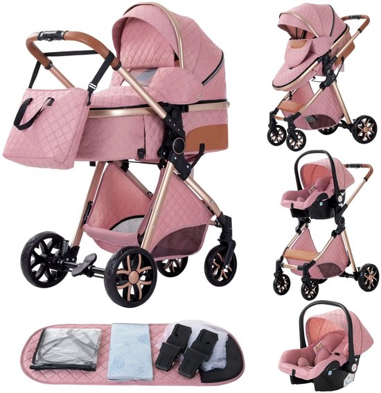 Hennova Kinderwagen - Buggy - Maxi cosi - Kinderwagen 3 in 1 - Wandelwagen - Multifunctioneel - Opvouwbaar - Incl. autostoel - Roze - 42 x 45 x 103cm van Hennova