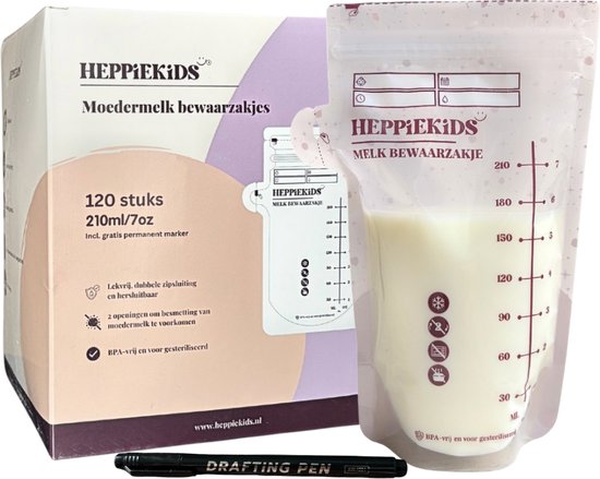 Heppiekids® Moedermelk Bewaarzakjes - 120 stuks - BPA-vrij - Voor gesteriliseerd - Dubbele zipsluiting - Handige schenktuit - Borstvoeding bewaarzakjes - Moedermelk zakjes - Inclusief marker van Heppiekids