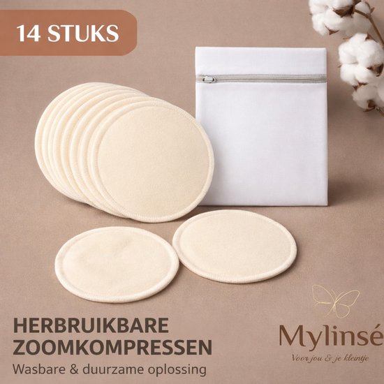 Herbruikbare bamboe zoogkompressen - borstcompressen - Wasbaar & Waterdicht - 14 stuks (7 paar) met wasnetje - 3-laags - Duurzame borstpads van bamboe - 12 cm - Beige/crème van Merkloos