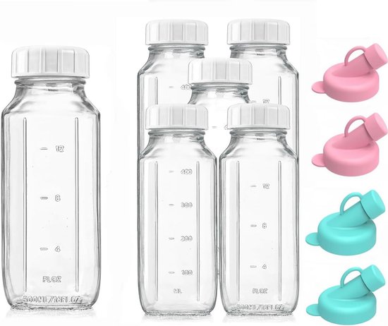 Herbruikbare Glazen Melkfles 500ml - Set van 6 met Silicone Tuitjes voor Sap en Dressing