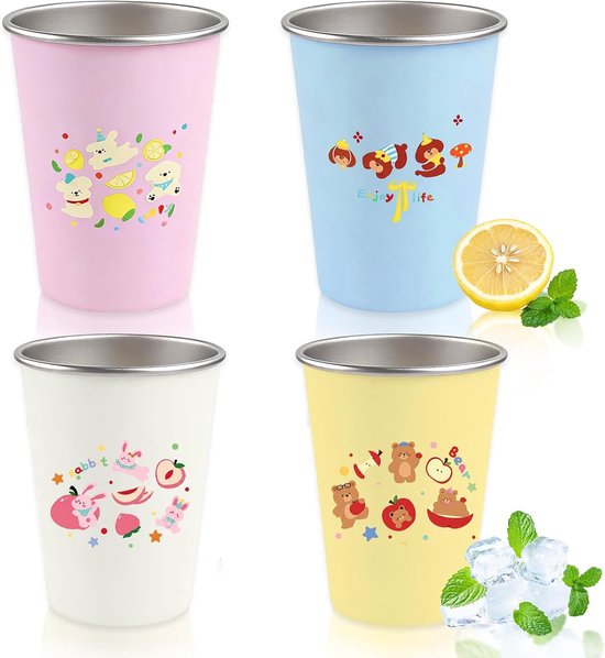 Herbruikbare Kinderbekers - 4 Stuks - RVS - 350ml - Bekers - Mondspoelbeker - Tandborstel Beker - Drinkbeker - School drinkfles - kinder drinkfles - Schoolbeker - Thuis-terug naar school - BPA-vrij & Vaatwasserbestendig