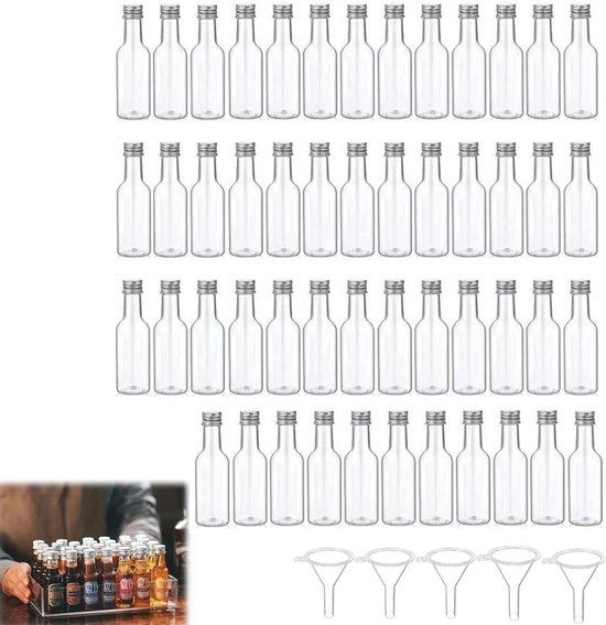 Herbruikbare Kunststof Mini-flessen voor Likeur en Sap - Set van 50 met Deksel - 100 ml - incl. Trechters
