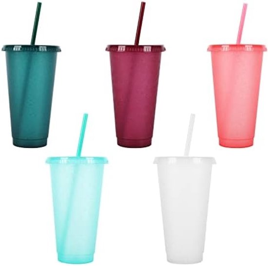 Herbruikbare Plastic Beker 5 Stuks Drinkware Tumblers Gekleurde Acryl Bekers Tumblers met Deksels en Rietjes Bulk Iced Plastic Koud Water Tumblers Iced Koffiekoppen Reizen Mok Party Tumbler 710ML A van Froolu