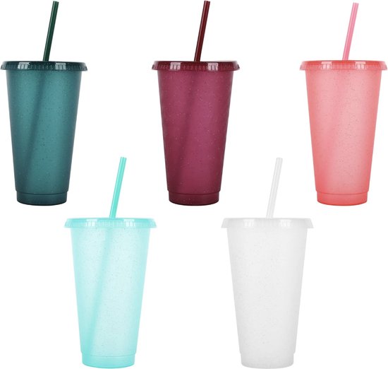 Herbruikbare Plastic Cup 5 Stks Drinkware Tumblers Gekleurde Acryl Cups Tumblers met Deksels en Rietjes Plastic Bulk Iced Plastic Koud Water Tumblers Iced Koffiekoppen Reizen Mok Party Tumbler 710ML van Gobeile