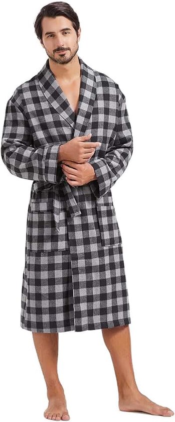 Heren Buffalo Plaid Katoenen Gewaad Lichtgewicht Badjas Sjaal Kraag Kimono Nachtkleding Loungewear Huisgewaden