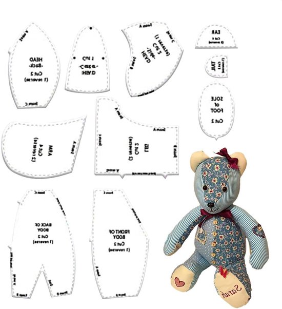 Herinneringsbeer Patroon - Naaipatroon Set - Handgemaakte Knuffels Maken - 10 Verschillende Vormen - ca. 25.5 cm - Transparant