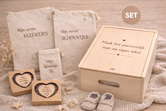 Herinneringsbox Baby – Gepersonaliseerde Bewaarbox met Zakjes voor Eerste Kleertjes, Schoentjes & Herinneringen – Kraamcadeau Set Hout van Merkloos
