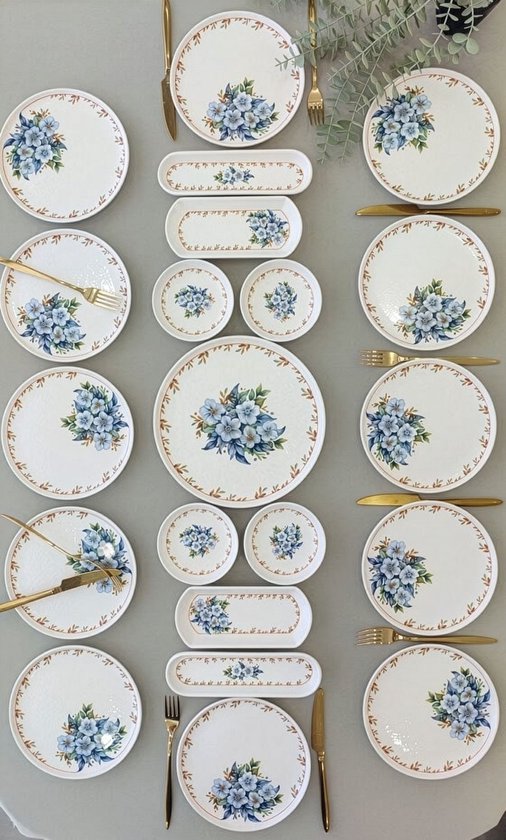 Hermia Concept Norrie Ontbijtset -21 stuks - Blauw, wit - 100% KERAMIEK