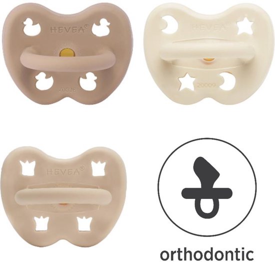 Hevea | dental Orthodontisch 3-36 maand | Tan Beige, Milky White & Sandy Nude  | 100 % natuurrubber | Eendjes | Ster & maan | Kroontjes van HEVEA