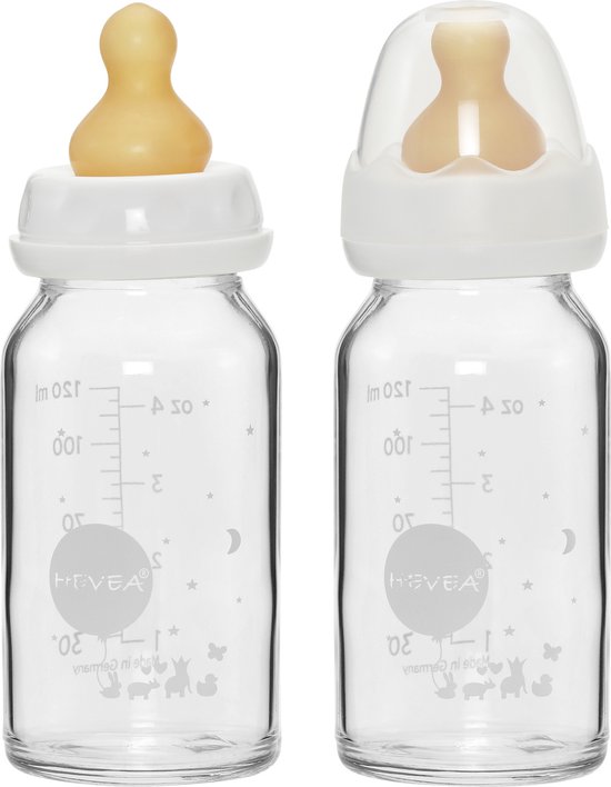 HEVEA - Glazen Drinkfles - 120ml - 2 stuks - m/speen - 0-3 mnd - Borosilicaat glas - 100% natuurrubber van HEVEA