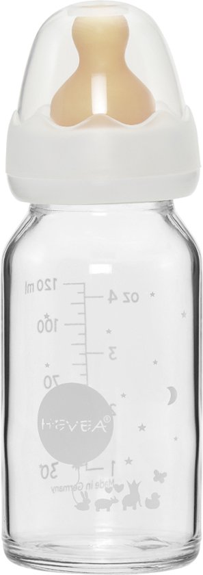 HEVEA - Glazen Drinkfles - 120ml - m/speen - 0-3 mnd - Borosilicaatglas - 100% natuurrubber van Merkloos