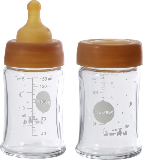 HEVEA - Wide Neck glazen drinkfles - 150ml - 2 stuks - borosilicaatglas - 100% natuurrubber van HEVEA