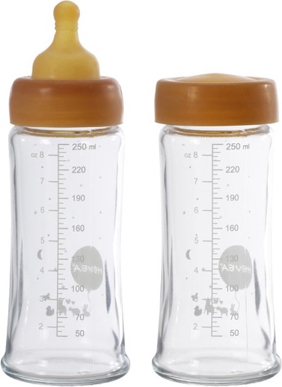 HEVEA Wide Neck glazen drinkfles | 250ml | 2 stuks | borosilicaat glas | 100% natuurrubber van HEVEA