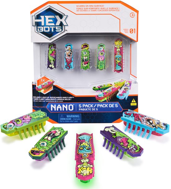 HEX BOTS nano 5 Pack, 4 nano Bots met extra Flash nano, sensorisch speelgoed voor kinderen en katten met trillingstechnologie, insecten- en minirobotspeelgoed