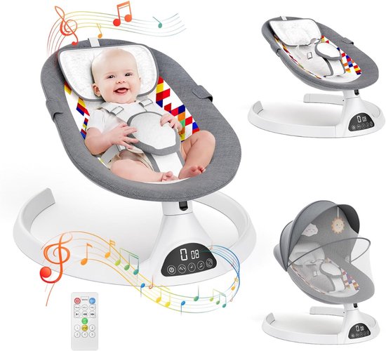 HEZIVO® Wipstoel Elektrisch - Babyschommel - Schommelstoel Baby - 5 Snelheden en Timer - Grijs
