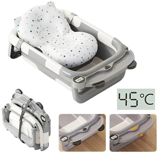 HHHK - Opvouwbaar Babybad - Babybadje - Incl. Thermometer en Kussen - Grijs - Baby bad - Baby badset - Pasgeborenen - Draagbaar van Merkloos