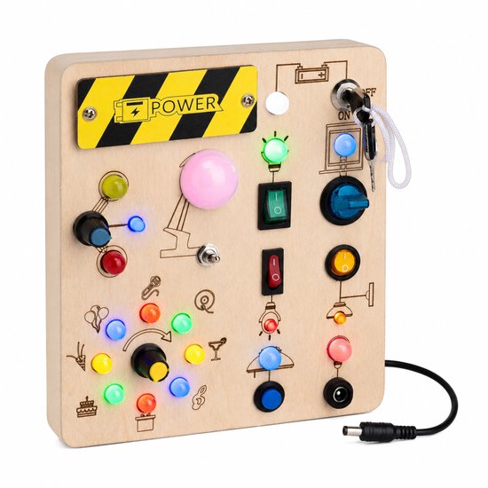 Hi Montessori Busy Board met LED Lichtjes - Houten Activiteitenbord - Educatief Speelgoed 1 Jaar, 2 Jaar, 3 Jaar - Sensorisch Reisspeelgoed voor Peuters - Motoriek Speelgoed