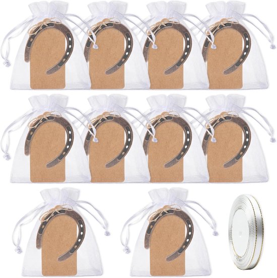 Hoefijzer geluksbrenger set - 10 stuks gietijzer - meerkleurig met kaarten en lint - perfect voor bruiloft - ShopVlot