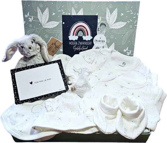 Hoera Zwanger XL geschenkset unisex - cadeau voor aankomende mamma - zwangerschap verwen pakket - baby moeder cadeau - baby geschenk set kleding unisex - 10 in 1 cadeau van Geminigifts.