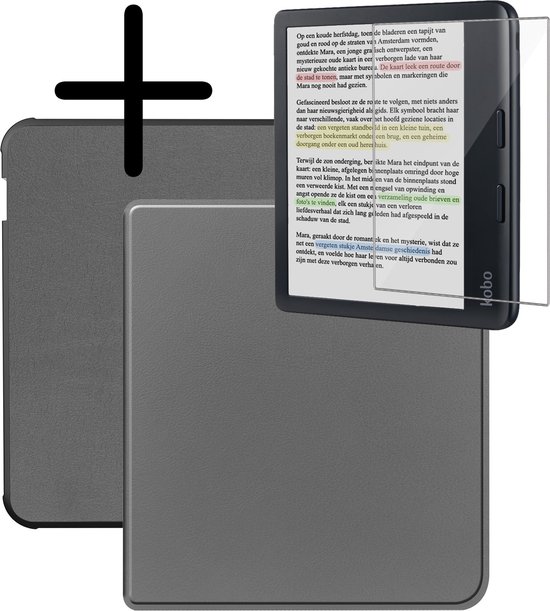 Hoes Geschikt voor Kobo Libra Colour Hoesje Bookcase Cover Hoes Met Screenprotector - Hoesje Geschikt voor Kobo Libra Colour Hoes Cover Case - Grijs van Mobiparts