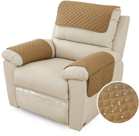 Hoes voor armleuningen, hoofdsteun voor fauteuil, waterdichte hoes met zijvak, antislip en wasbare en slijtvaste meubelbeschermer voor katten, honden, huisdieren (1-zits, camel)