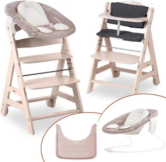 Hoge stoel met Newborn Set - Kinderstoel van Hout met Wipstoeltje, 2-in-1 Functie, Zitkussen en Dienblad - Whitewashed