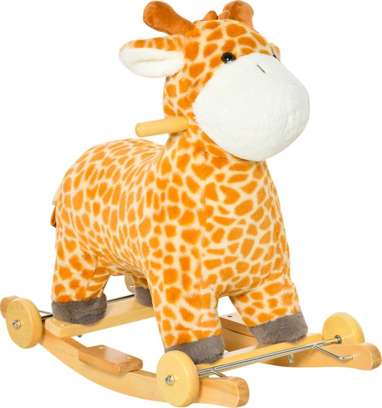 HOMCOM Schommelpaard 2-in1 schommeldier babyschommel speelgoed kinderen tonen wielen geel 330-136 van HOMCOM