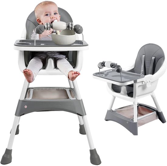 Home & Beyond® Verstelbare Draagbare Kinderstoel met Dubbel Dienblad - Hoge en Lage Baby Eetstoel met 5-Puntsgordel - Wit en Grijs - 95 x 60 x 51 cm