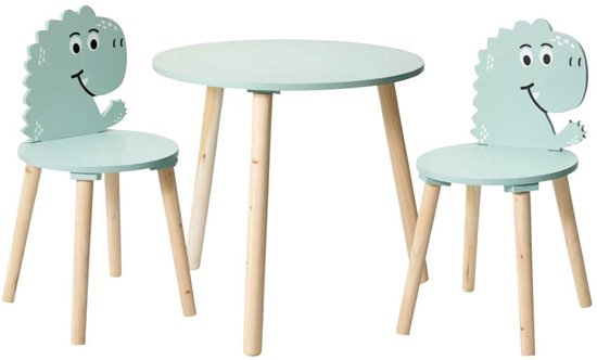 Home Styling Collection - Kindertafel met 2 Stoelen - Dinosaurus Print - Blauw - Houten Kinder Tafelset - 50 x 50 x 50 cm