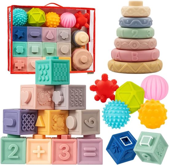 Homeblend Baby Speelgoed - Baby Montessori - Sensorisch Bijt & Stapel Set - 23-delig - Badspeelgoed - Zacht Silicone - Speelgoed 0 jaar - Speelgoed 1 jaar