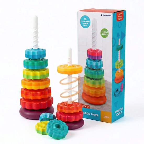 Homeblend Draaiende Stapeltoren - Speelgoed 1 Jaar - Educatief & Sensorisch Babyspeelgoed - Fijne Motoriek & Hand-oogcoördinatie - 6 Multicolor Stapelringen van Merkloos