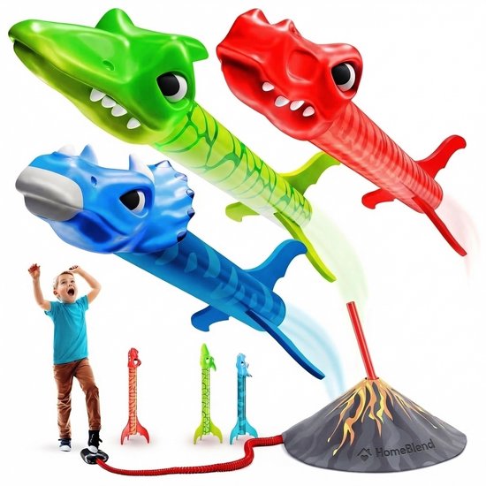 Homeblend Raketwerper Dino - Buitenspeelgoed Kinderen 3-8 jaar - Met Krachtige Voetpomp - Educatief Speelgoed - Schiet tot 30 Meter Hoog - Inclusief 4 Zachte Raketten van Merkloos
