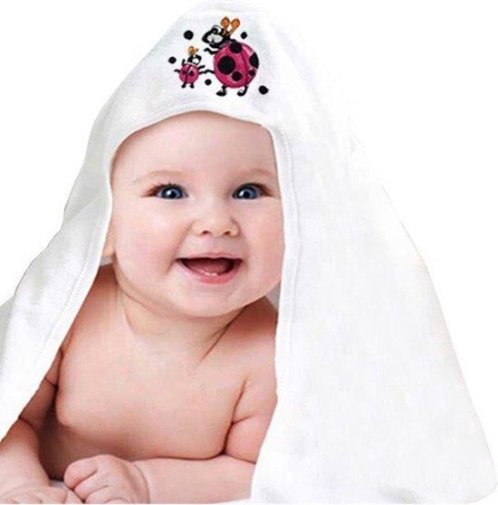 Homéé® pure’cotton Baby Handdoeken wit - lieveheersbeestje - 75x75 cm - Badcape met capuchon - 400g.m² 100% katoen van Homéé