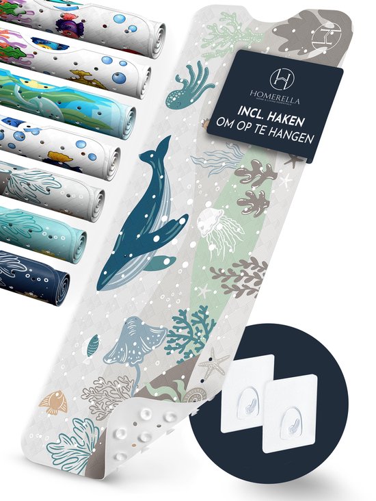 HOMERELLA Badmat antislip voor kinderen - 100x40cm -100% BPA-vrij antislipmatten - Inclusief 2x ophanging - Badmatten schimmelbestendig & machine wasbaar van Merkloos