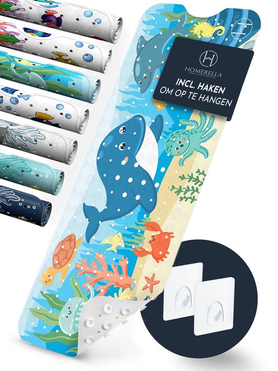 HOMERELLA Badmat antislip voor kinderen - 100x40cm -100% BPA-vrij antislipmatten - Inclusief 2x ophanging - Badmatten schimmelbestendig & machine wasbaar van HOMERELLA