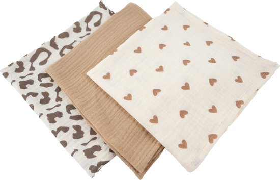 Honeybears hydrofiele doek – 3 stuks - Inbakerdoek hydrofiel baby – Hydrofiele luierdoek – Panter - Hartjes - Bruin – 40 X 38 CM van Honeybears