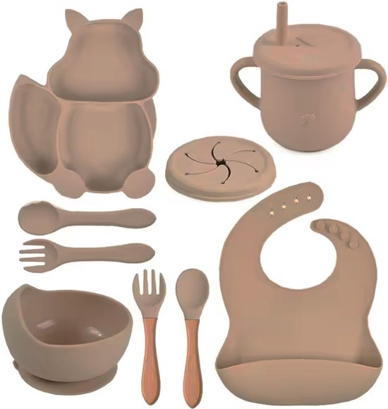 Honeybears – Siliconen kinderservies set 9 delig – Kinderbord – Siliconen eetset – Baby drinkbeker - BPA vrij – Beige van Honeybears