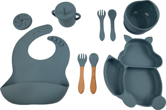 Honeybears – Siliconen kinderservies set 9 delig – Kinderbord – Siliconen eetset – Baby drinkbeker - BPA vrij – Blauw van Honeybears