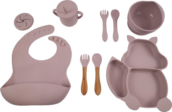 Honeybears – Siliconen kinderservies set 9 delig – Kinderbord – Siliconen eetset – Baby drinkbeker - BPA vrij – Lichtrose van Honeybears