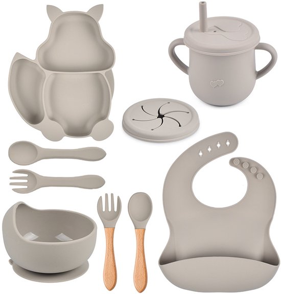 Honeybears – Siliconen kinderservies set 9 delig – Kinderbord zuignap - Kraamcadeau – Siliconen eetset – Baby drinkbeker - BPA vrij – Lichtgrijs van Honeybears